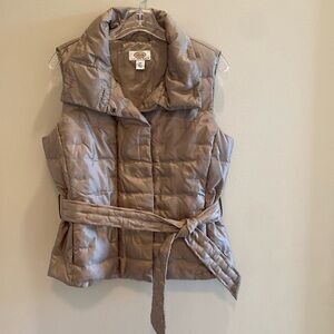 Talbots Goose Down Feather Filled Quilted Belted Vest Funnel Neck Old Gold SP